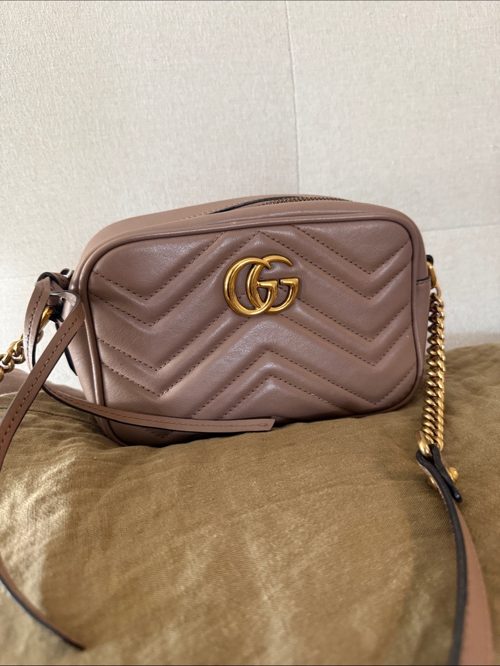 Authentic Gucci Nude Calfskin Matelasse Mini GG Marmont Camera Bag